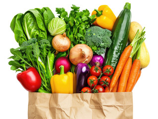 Overhead view of a brown paper bag filled with colorful mixed vegetables in isolated on transparent background - Powered by Adobe
