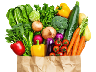 Overhead view of a brown paper bag filled with colorful mixed vegetables in isolated on transparent background