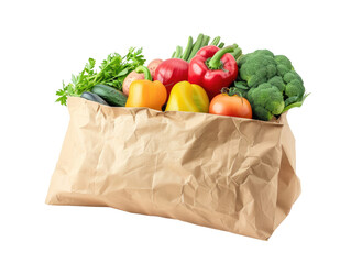 Overhead view of a brown paper bag filled with colorful mixed vegetables in isolated on transparent background