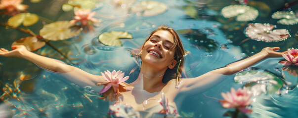 A cheerful, mesmerizing young woman floats serenely in the water, her beauty enhanced by the striking presence of water lilies and lotuses.