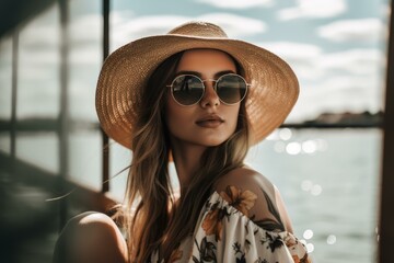 Fototapeta premium Fashionable woman with sunglasses and a straw hat poses by the sea, exuding summer vibes