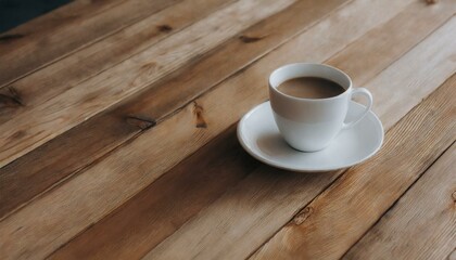 Obraz premium 木目のテーブルとコーヒーカップ