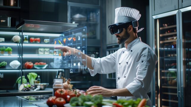 Professional male chef in uniform playing virtual reality games with VR goggles, exploring simulations. Caucasian cook moving arms while touching objects in cyberspace, generative ai
