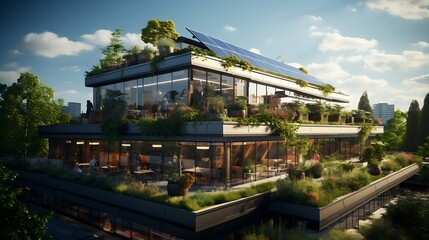 An office building with rooftop gardens and solar panels.