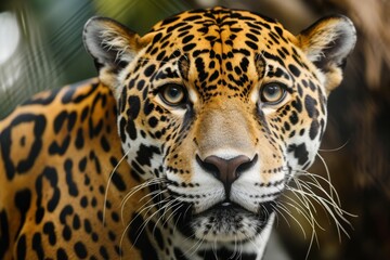 Fototapeta premium Jaguar face, close up of a jaguar, Taking close up of a Leopard Portrait Terror of the Jungle an Aggressive, Ai generated