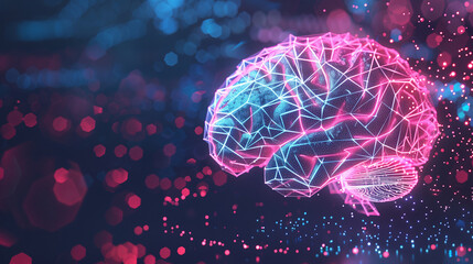 glow polygon brain on digital background with copy space