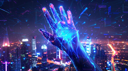 glow polygon hand on cityscape background with copy space