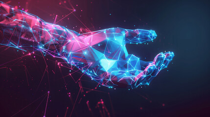 glow polygon hand on digital background with copy space