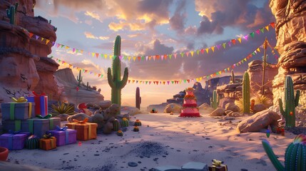 A sandy desert party at dusk, with a cactus-shaped cake, southwestern-style presents, and colorful bunting strung between rock formations - Powered by Adobe