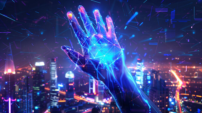 glow polygon hand on cityscape background with copy space