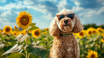A dog wearing sunglasses sits in a sunflower field in summer, poodle