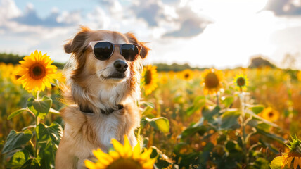 A dog wearing sunglasses sits in a sunflower field in summer, Golden Retriever