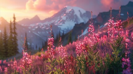 USA, Washington, Mount Rainier National Park, Mt. Rainier and flower m