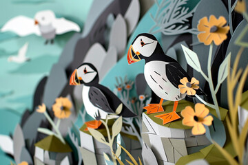 Icelandic puffins on a cliff translated into a charming paper cut scene capturing the essence of wildlife 