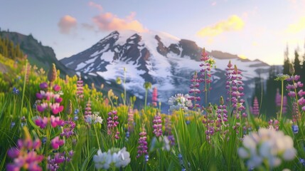Obraz premium USA, Washington, Mount Rainier National Park, Mt. Rainier and flower m