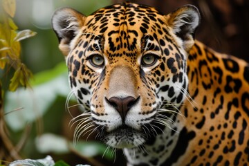 Fototapeta premium Jaguar face, close up of a jaguar, Taking close up of a Leopard Portrait Terror of the Jungle an Aggressive, Ai generated