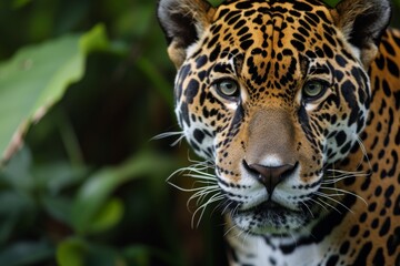 Obraz premium Jaguar face, close up of a jaguar, Taking close up of a Leopard Portrait Terror of the Jungle an Aggressive, Ai generated