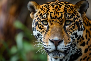 Obraz premium Jaguar face, close up of a jaguar, Taking close up of a Leopard Portrait Terror of the Jungle an Aggressive, Ai generated