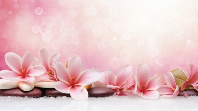 Create a series of luxury spa gift certificates each adorned with a soothing pink frangipani flower background.