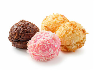 A close up of four different colored cookies with coconut flakes