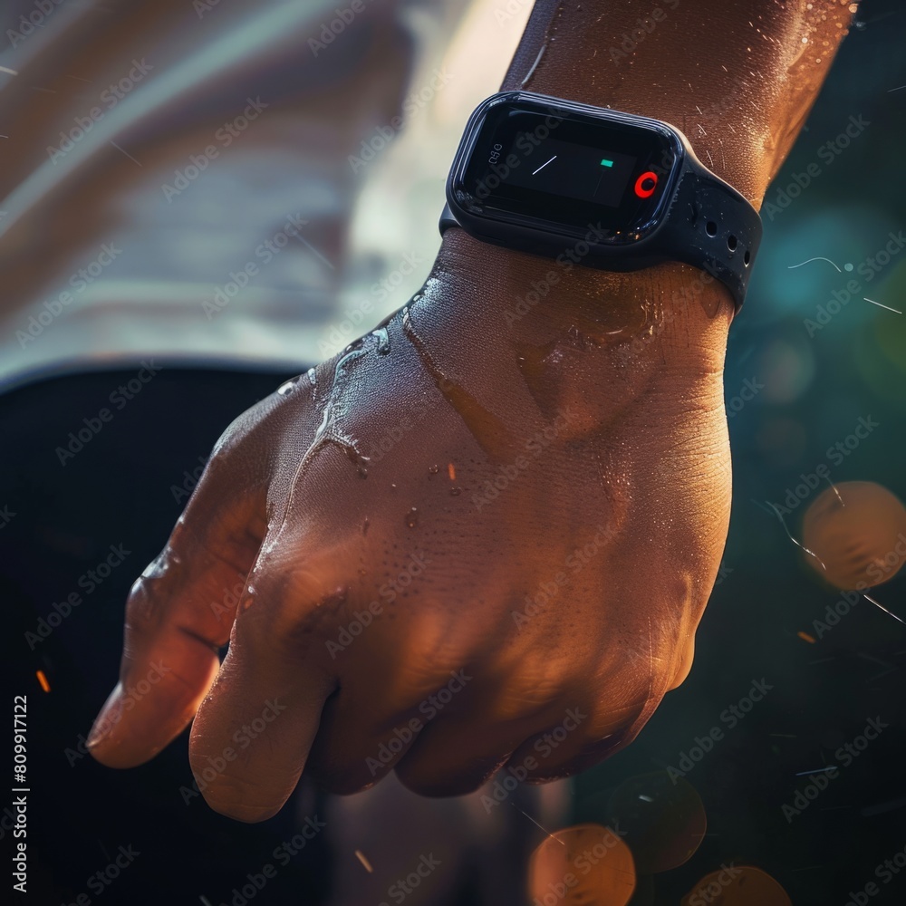 Poster a close-up view of a persons wrist wearing a modern smart watch with a digital display.