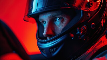 Obraz premium Male race car or moto driver wearing helmet and racing suit, with neon background. Sports concept