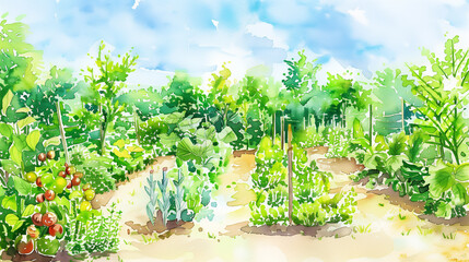 watercolor paint a tranquil scene of a peaceful kitchen garden, where herbs, vegetables, and fruits thrive alongside each other, Generative AI