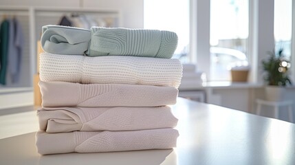 Stack of cozy knitted sweaters in soft pastel colors warmly lit by sunlight through a window