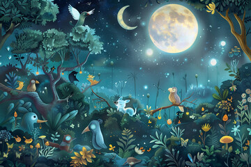 Illustration of a whimsical night scene with storytelling animals for a childs book cover 