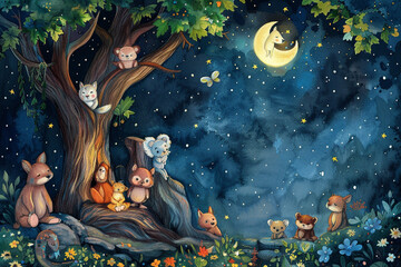 Illustration of a whimsical night scene with storytelling animals for a childs book cover 
