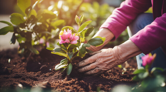 A close-up view depicts an elderly woman tenderly planting pink flowers into the soil, embodying the timeless connection between humans and nature. Blurred background, soft bokeh.