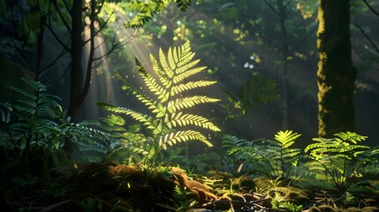 A singular fern frond illuminated by a shaft of sunlight in a shaded grove. Ratio