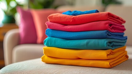 Vibrant colorful stack of folded clothes adding a splash of color to a modern home decor