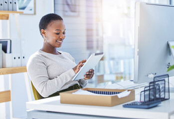 Tablet, desk and typing and black woman with smile, social media and communication. Technology,...