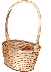 Wicker basket with handle. Watercolor illustration. Sketch of a watercolor illustration drawn by hand on a white background. For invitations, greeting cards, prints, posters, scrapbooking.