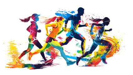 Isolated colorful silhouettes of diverse athletes runners while competition. 