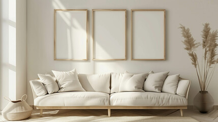 modern living room interior with Three empty frame on the wall