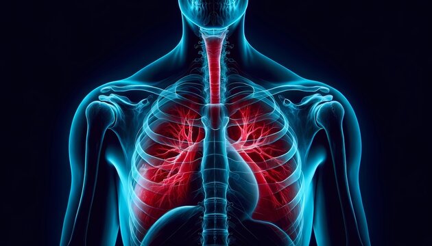 X-ray of a human thorax showing detailed medical pain anatomy of the lungs and airways Concept of respiratory health and pulmonary care