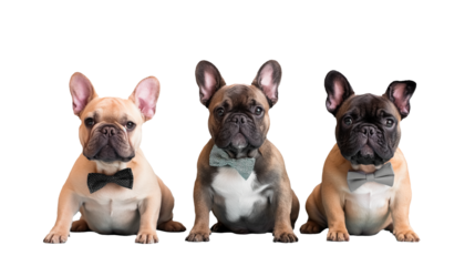 Isolated three adorable french bulldog puppies wearing tie bows on the white or transparent background. 