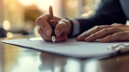 Close-up of a professional's hand writing on paper with a fountain pen in a well-lit office setting