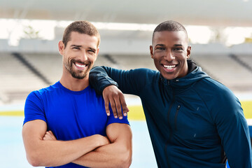 Athlete, smile and portrait in arena for sport, wellness and fitness for game challenge, workout and exercise. Diversity, men and confident for happy player, athletic goal and training in stadium