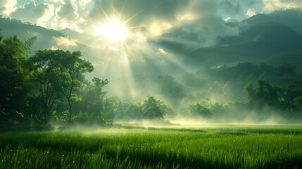 Dramatic morning sunbeams cut through mist, revealing a lush tropical valley adorned with vibrant green rice fields and dense forest.