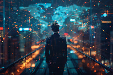 A savvy businessman adeptly maneuvers global networks, integrating access management solutions for a secure, resilient business infrastructure with finesse.