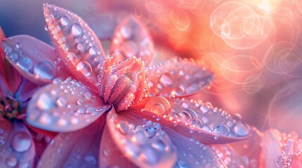 Fototapeta premium Macro shot of dew on wildflower petals at sunrise, vivid colors and soft light, ideal for a soothing bedroom backdrop