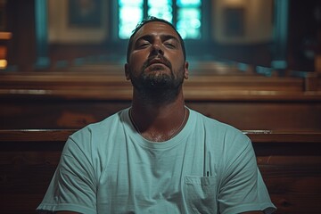 Fototapeta premium Man Sitting in Front of Pew in Church