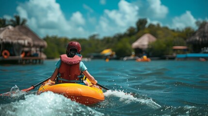 A person is riding a raft on top of a body of water, navigating the waves and enjoying the outdoor adventure.