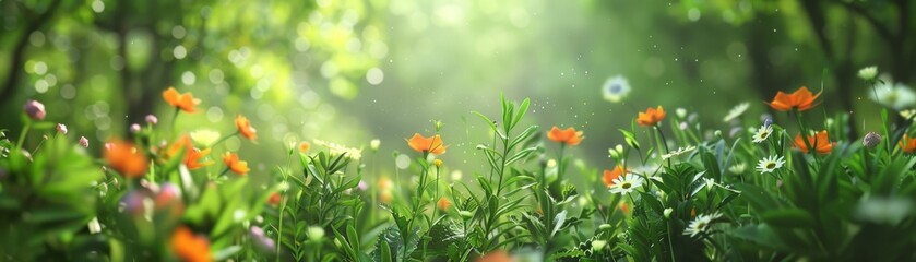 Obraz premium Sharp focus on a cluster of wildflowers with a blurred green background, vibrant and lively for creative studio spaces