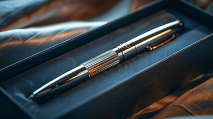Elegant black and white close-up of a luxury fountain pen in a sophisticated presentation box