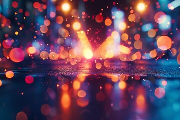 texture of vibrant bokeh lights, mimicking a cityscape at night, suitable for a modern lounge or nightclub wall art