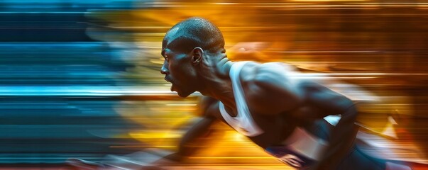 A young male sprinter is captured in mid-stride during a race. His expression is one of determination and focus. The blurred background conveys the sense of speed and motion.
